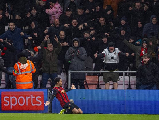 (260125) -- BOURNEMOUTH, Jan. 25, 2026 () -- Bournemouth s Amine Adli celebrates after scoring the winning third goal in the 95th minute during the English Premier League match between Bournemouth and Liverpool in Bournemouth, Britain, on Jan. 24, 2026. () FOR EDITORIAL USE ONLY. NOT FOR SALE FOR MARKETING OR ADVERTISING CAMPAIGNS. NO USE WITH UNAUTHORIZED AUDIO, VIDEO, DATA, FIXTURE LISTS, CLUB LEAGUE LOGOS OR LIVE SERVICES. ONLINE IN-MATCH USE LIMITED TO 45 IMAGES, NO VIDEO EMULATION. NO USE IN BETTING, GAMES OR SINGLE CLUB LEAGUE PLAYER PUBLICATIONS. (SP)BRITAIN-BOURNEMOUTH-FOOTBALL-PREMIER LEAGUE-BOURNEMOUT VS LIVERPOOL Xinhua 