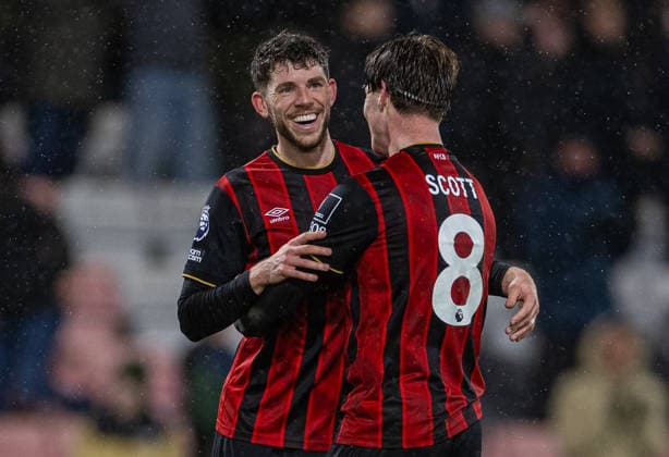 (260125) -- BOURNEMOUTH, Jan. 25, 2026 () -- Bournemouth s Ryan Christie (L) and Alex Scott celebrate after the English Premier League match between Bournemouth and Liverpool in Bournemouth, Britain, on Jan. 24, 2026. () FOR EDITORIAL USE ONLY. NOT FOR SALE FOR MARKETING OR ADVERTISING CAMPAIGNS. NO USE WITH UNAUTHORIZED AUDIO, VIDEO, DATA, FIXTURE LISTS, CLUB LEAGUE LOGOS OR LIVE SERVICES. ONLINE IN-MATCH USE LIMITED TO 45 IMAGES, NO VIDEO EMULATION. NO USE IN BETTING, GAMES OR SINGLE CLUB LEAGUE PLAYER PUBLICATIONS. (SP)BRITAIN-BOURNEMOUTH-FOOTBALL-PREMIER LEAGUE-BOURNEMOUT VS LIVERPOOL Xinhua 