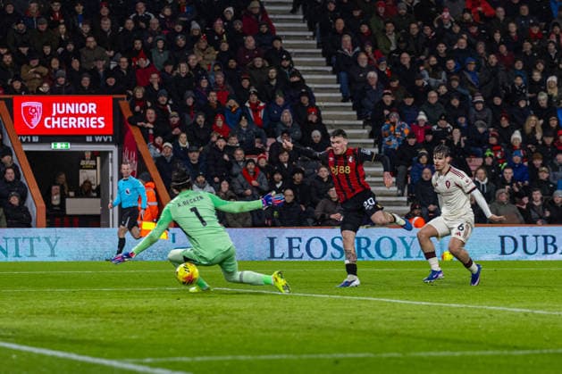 (260125) -- BOURNEMOUTH, Jan. 25, 2026 () -- Bournemouth s Alex Jimenez (2nd R) scores the second goal during the English Premier League match between Bournemouth and Liverpool in Bournemouth, Britain, on Jan. 24, 2026. () FOR EDITORIAL USE ONLY. NOT FOR SALE FOR MARKETING OR ADVERTISING CAMPAIGNS. NO USE WITH UNAUTHORIZED AUDIO, VIDEO, DATA, FIXTURE LISTS, CLUB LEAGUE LOGOS OR LIVE SERVICES. ONLINE IN-MATCH USE LIMITED TO 45 IMAGES, NO VIDEO EMULATION. NO USE IN BETTING, GAMES OR SINGLE CLUB LEAGUE PLAYER PUBLICATIONS. (SP)BRITAIN-BOURNEMOUTH-FOOTBALL-PREMIER LEAGUE-BOURNEMOUT VS LIVERPOOL Xinhua 