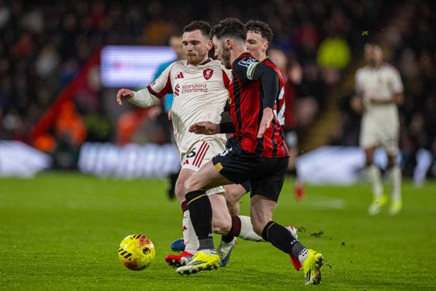 (260125) -- BOURNEMOUTH, Jan. 25, 2026 () -- Liverpool s Andy Robertson (L) vies for the ball during the English Premier League match between Bournemouth and Liverpool in Bournemouth, Britain, on Jan. 24, 2026. () FOR EDITORIAL USE ONLY. NOT FOR SALE FOR MARKETING OR ADVERTISING CAMPAIGNS. NO USE WITH UNAUTHORIZED AUDIO, VIDEO, DATA, FIXTURE LISTS, CLUB LEAGUE LOGOS OR LIVE SERVICES. ONLINE IN-MATCH USE LIMITED TO 45 IMAGES, NO VIDEO EMULATION. NO USE IN BETTING, GAMES OR SINGLE CLUB LEAGUE PLAYER PUBLICATIONS. (SP)BRITAIN-BOURNEMOUTH-FOOTBALL-PREMIER LEAGUE-BOURNEMOUT VS LIVERPOOL Xinhua 
