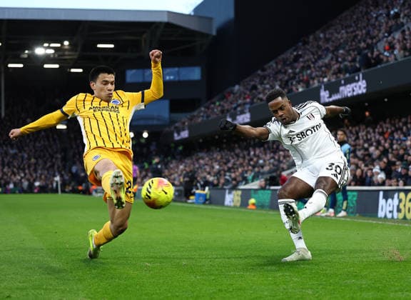 London, England, 24th January 2026. Ryan Sessegnon of Fulham with Diego Gomez of Brighton during the Fulham vs Brighton and Hove Albion Premier League match at Craven Cottage, London. Picture credit should read: David Klein Sportimage EDITORIAL USE ONLY. No use with unauthorised audio, video, data, fixture lists, club league logos or live services. Online in-match use limited to 120 images, no video emulation. No use in betting, games or single club league player publications. SPI_001_DK_FULHAM_BRIGHTON SPI-4482-0001