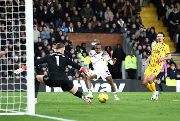 London, England, 24th January 2026. Samuel Chukwueze of Fulham scoring his sides opening goal during the Fulham vs Brighton and Hove Albion Premier League match at Craven Cottage, London. Picture credit should read: David Klein Sportimage EDITORIAL USE ONLY. No use with unauthorised audio, video, data, fixture lists, club league logos or live services. Online in-match use limited to 120 images, no video emulation. No use in betting, games or single club league player publications. SPI_002_DK_FULHAM_BRIGHTON SPI-4482-0002