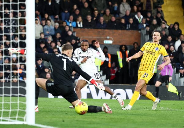London, England, 24th January 2026. Samuel Chukwueze of Fulham scoring his sides opening goal during the Fulham vs Brighton and Hove Albion Premier League match at Craven Cottage, London. Picture credit should read: David Klein Sportimage EDITORIAL USE ONLY. No use with unauthorised audio, video, data, fixture lists, club league logos or live services. Online in-match use limited to 120 images, no video emulation. No use in betting, games or single club league player publications. SPI_003_DK_FULHAM_BRIGHTON SPI-4482-0003