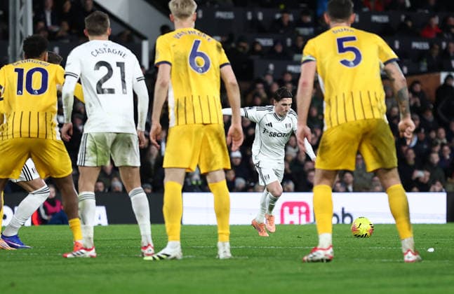 London, England, 24th January 2026. Harry Wilson of Fulham scoring his sides second goal during the Fulham vs Brighton and Hove Albion Premier League match at Craven Cottage, London. Picture credit should read: David Klein Sportimage EDITORIAL USE ONLY. No use with unauthorised audio, video, data, fixture lists, club league logos or live services. Online in-match use limited to 120 images, no video emulation. No use in betting, games or single club league player publications. SPI_007_DK_FULHAM_BRIGHTON SPI-4482-0007