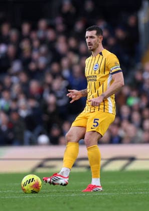 London, England, 24th January 2026. Lewis Dunk of Brighton during the Fulham vs Brighton and Hove Albion Premier League match at Craven Cottage, London. Picture credit should read: David Klein Sportimage EDITORIAL USE ONLY. No use with unauthorised audio, video, data, fixture lists, club league logos or live services. Online in-match use limited to 120 images, no video emulation. No use in betting, games or single club league player publications. SPI_076_DK_FULHAM_BRIGHTON SPI-4482-0068