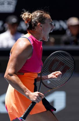 (260125) -- MELBOURNE, Jan. 25, 2026 -- Aryna Sabalenka celebrates scoring during the women s singles 4th round match between Aryna Sabalenka of Belarus and Victoria Mboko of Canada at the Australian Open tennis tournament in Melbourne, Australia, Jan. 25, 2026. ) (SP)AUSTRALIA-MELBOURNE-TENNIS-AUSTRALIAN OPEN-WOMEN S SINGLES MaxPing 