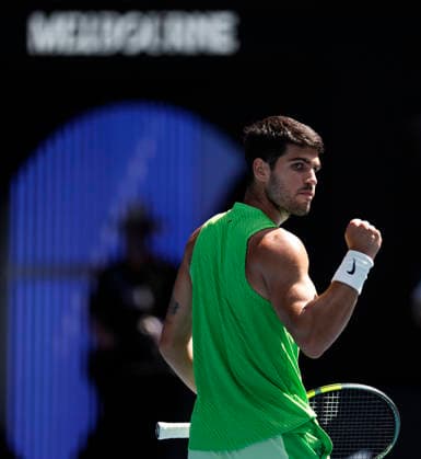 (260125) -- MELBOURNE, Jan. 25, 2026 -- Carlos Alcaraz of Spain reacts during the men s singles 4th round match between Carlos Alcaraz of Spain and Tommy Paul of the United States at the Australian Open tennis tournament in Melbourne, Australia, Jan. 25, 2026. ) (SP)AUSTRALIA-MELBOURNE-TENNIS-AUSTRALIAN OPEN-MEN S SINGLES MaxPing 