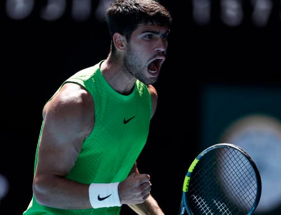 (260125) -- MELBOURNE, Jan. 25, 2026 -- Carlos Alcaraz of Spain reacts during the men s singles 4th round match between Carlos Alcaraz of Spain and Tommy Paul of the United States at the Australian Open tennis tournament in Melbourne, Australia, Jan. 25, 2026. ) (SP)AUSTRALIA-MELBOURNE-TENNIS-AUSTRALIAN OPEN-MEN S SINGLES MaxPing 