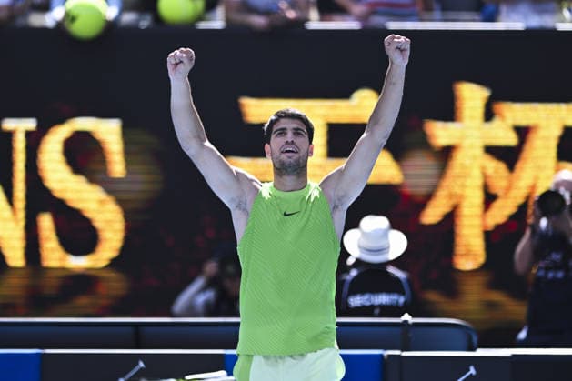 Australian Open 2026 MELBOURNE, AUSTRALIA - JANUARY 25: Carlos Alcaraz (ESP) reaction after winning the match against Tommy Paul (USA) (not seen) during round 4 at the Australian Open grand slam tennis tournament at Melbourne Park in Melbourne, Australia on January 25, 2026 Mark Avellino Anadolu Melbourne Australia. Editorial use only. Please get in touch for any other usage.  Copyright: x2026xAnadoluxMarkxAvellinox