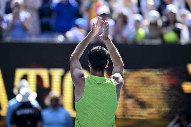 Australian Open 2026 MELBOURNE, AUSTRALIA - JANUARY 25: Carlos Alcaraz (ESP) reaction after winning the match against Tommy Paul (USA) (not seen) during round 4 at the Australian Open grand slam tennis tournament at Melbourne Park in Melbourne, Australia on January 25, 2026 Mark Avellino Anadolu Melbourne Australia. Editorial use only. Please get in touch for any other usage.  Copyright: x2026xAnadoluxMarkxAvellinox