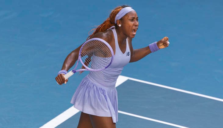 (260125) -- MELBOURNE, Jan. 25, 2026 -- Coco Gauff celebrates winning the women s singles 4th round match between Coco Gauff of the United States and Karolina Muchova of the Czech Republic at the Australian Open tennis tournament in Melbourne, Australia, Jan. 25, 2026. (Photo by Xinhua) (SP)AUSTRALIA-MELBOURNE-TENNIS-AUSTRALIAN OPEN-WOMEN S SINGLES HuxJingchen 