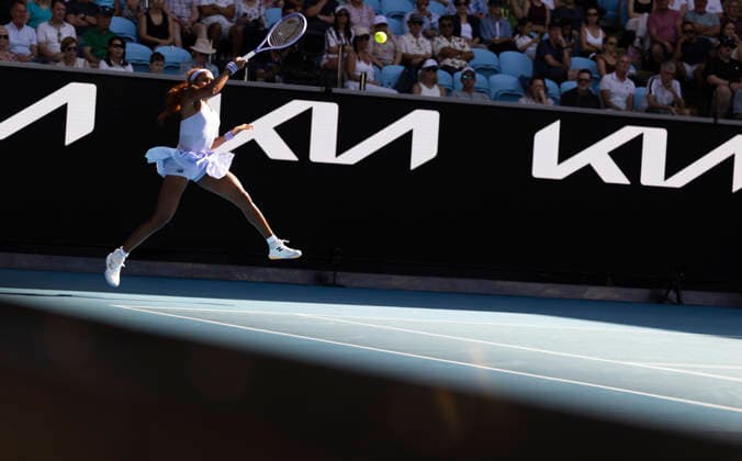 (260125) -- MELBOURNE, Jan. 25, 2026 -- Coco Gauff hits a return during the women s singles 4th round match between Coco Gauff of the United States and Karolina Muchova of the Czech Republic at the Australian Open tennis tournament in Melbourne, Australia, Jan. 25, 2026. (Photo by Xinhua) (SP)AUSTRALIA-MELBOURNE-TENNIS-AUSTRALIAN OPEN-WOMEN S SINGLES HuxJingchen 