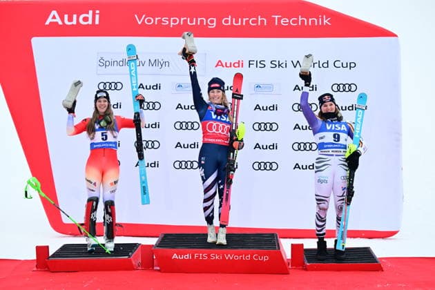 L-R Camille Rast from Switzerland, Mikaela Shiffrin from USA and Emma Aicher from Germany celebrate on the podium after the World Cup downhill skiing competition, women s slalom, in Spindleruv Mlyn, Czech Republic, on January 25, 2026. (CTKxPhoto DavidxTanecek) CTKPhotoP2026012503737  CTKPhotoP2026012503737