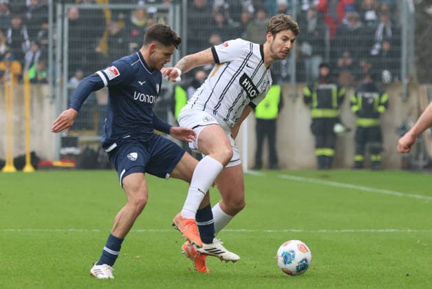 25.01.2026, Fussball, Herren, 2. Bundesliga, Saison 2025 2026, SV 07 Elversberg - VfL Bochum 1848, Maximilian Rohr (SV 07 Elversberg), Kjell-Arik Wätjen (VfL Bochum 1848) Elversberg Ursapharm-Arena an der Kaiserlinde Saarland Deutschland (DEU)