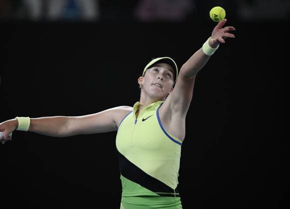 (260125) -- MELBOURNE, Jan. 25, 2026 -- Mirra Andreeva serves during the women s singles 4th round match between Elina Svitolina of Ukraine and Mirra Andreeva of Russia at the Australian Open tennis tournament in Melbourne, Australia, Jan. 25, 2026. (Photo by Xinhua) (SP)AUSTRALIA-MELBOURNE-TENNIS-AUSTRALIAN OPEN-WOMEN S SINGLES WangxShen 