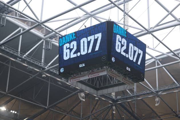 25.01.2026, xrekx, Fussball 2.Bundesliga, FC Schalke 04 - 1.FC Kaiserslautern v.l. Anzeigetafel, Videowall, Scoreboard, Info, Werbung Zuschauerzahl (DFL DFB REGULATIONS PROHIBIT ANY USE OF PHOTOGRAPHS as IMAGE SEQUENCES and or QUASI-VIDEO) Gelsenkirchen