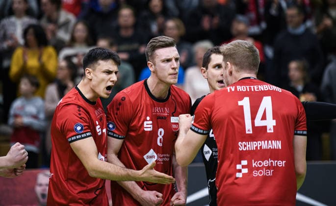 Volleyball 2. Bundesliga Saison 2025 2026 TV Rottenburg - TSV Muehldorf 24.01.2026 JUBEL TV Rottenburg; Milan Kvrzic, Niklas Lichtenauer, Jakob Elsaesser und Timon Schippmann (v.li.)
