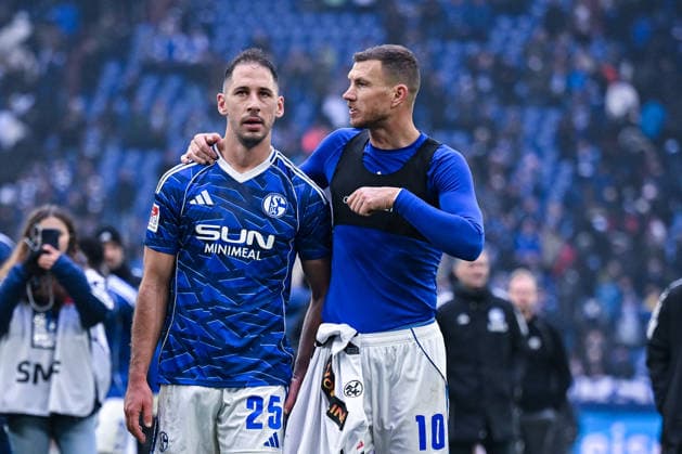 25.01.2026, Fussball, 2. Bundesliga, Saison 2025 2026, 19. Spieltag, FC Schalke 04 - 1. FC Kaiserslautern, (l-r), sNikola Katic (FC Schalke 04), Edin DÅ¾eko Dzeko (FC Schalke 04) xRHR-FOTO YYx