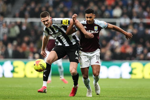 Newcastle Upon Tyne, England, 25th January 2026. Sven Botman of Newcastle United and Ollie Watkins of Aston Villa battle for the ball during the Newcastle United vs Aston Villa Premier League match at St. James Park, Newcastle Upon Tyne. Picture credit should read: Nigel Roddis Sportimage EDITORIAL USE ONLY. No use with unauthorised audio, video, data, fixture lists, club league logos or live services. Online in-match use limited to 120 images, no video emulation. No use in betting, games or single club league player publications. SPI_034_NR_NEW_vs_AVL SPI-4479-0034