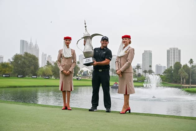 Hero Dubai Desert Classic 2026 DUBAI, UNITED ARAB EMIRATES - JANUARY 25: American golfer Patrick Reed (wins the trophy after competing against Spanish golfer David Puig (not seen) in the fourth and final round of the Hero Dubai Desert Classic 2026 at Emirates Golf Club in Dubai, United Arab Emirates on January 25, 2026. Waleed Zein Anadolu Dubai United Arab Emirates. Editorial use only. Please get in touch for any other usage.  Copyright: x2026xAnadoluxWaleedxZeinx
