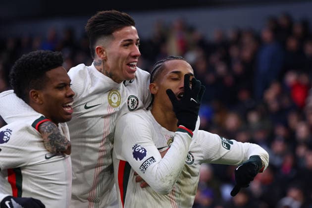 London, England, 25th January 2026. Joao Pedro (R) of Chelsea celebrates with Estevao (L) and Enzo Fernandez of Chelsea after scoring to make it 2-0 during the Crystal Palace vs Chelsea Premier League match at Selhurst Park, London. Picture credit should read: Paul Terry Sportimage EDITORIAL USE ONLY. No use with unauthorised audio, video, data, fixture lists, club league logos or live services. Online in-match use limited to 120 images, no video emulation. No use in betting, games or single club league player publications. SPI_034_PT_Palace_Chelsea SPI-4478-0034