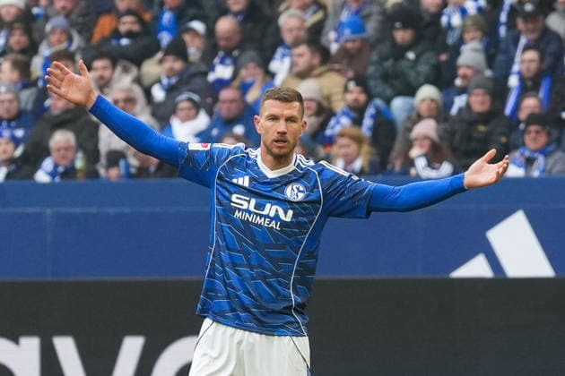 Deutschland: Fussball 2. Bundesliga, Saison 2025 26, 19. Spieltag - FC Schalke 04 vs 1. FC Kaiserslautern, 25.01.2026, Veltins Arena (Gelsenkirchen, Nordrhein-Westfalen) Edin DÅ¾eko, Edin Dzeko (FC Schalke 04, 10) Emotionen, Arme ausgestreckt