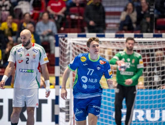 MALMÖ 2026-01-25 Slovenia s Domen Novak reacts after goal during the 2026 EHF European Men s Handball Championship (the EHF Euro 2026) main round match between Slovenia and Hungary at Malmö Arena, in Malmö, Sweden, on January 25, 2026. MALMÖ SWEDEN x50090x