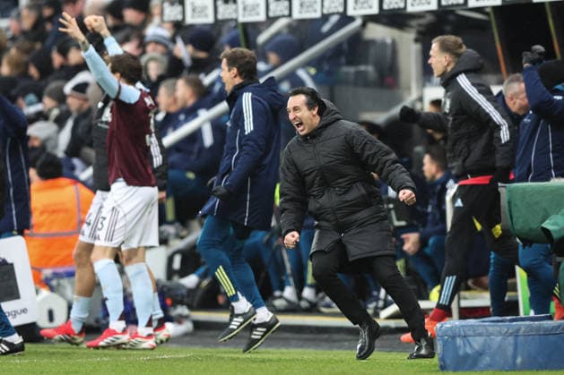Newcastle Upon Tyne, England, 25th January 2026. Unai Emery head coach of Aston Villa celebrates his side s goal to make it 0-2 during the Newcastle United vs Aston Villa Premier League match at St. James Park, Newcastle Upon Tyne. Picture credit should read: Nigel Roddis Sportimage EDITORIAL USE ONLY. No use with unauthorised audio, video, data, fixture lists, club league logos or live services. Online in-match use limited to 120 images, no video emulation. No use in betting, games or single club league player publications. SPI_047_NR_NEW_vs_AVL SPI-4479-0047