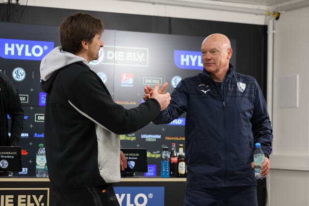 25.01.2026, Fussball, Herren, 2. Bundesliga, Saison 2025 2026, SV 07 Elversberg - VfL Bochum 1848, Trainer Uwe Rösler (VfL Bochum 1848), Trainer Vincent Wagner (SV 07 Elversberg) Elversberg Ursapharm-Arena an der Kaiserlinde Saarland Deutschland (DEU)