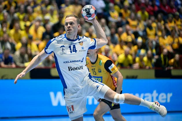 Iceland s Omar Ingi Magnusson during the European Handball Championship intermediate round match between Iceland and Sweden at Malmö Arena, Malmö, Sweden, January 25, 2026. MALMÖ SWEDEN x50090x