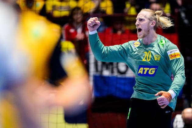 260125 Goalkeeper Mikael Appelgren of Sweden celebrates during the EHF European Handball Championship main round match between Iceland and Sweden on January 25, 2026 in Malmö. Photo: Petter Arvidson BILDBYRAN kod PA PA1138 handball handboll handball handbolls-em 2026 island iceland sverige sweden ehf european handball championship bbeng jubel Copyright: PETTERxARVIDSON BB260125PA051