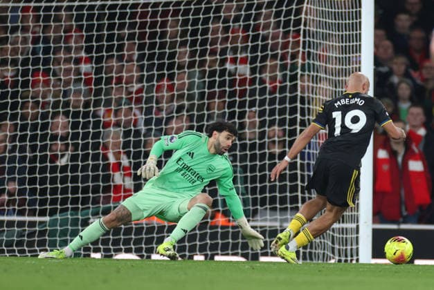 Premier League football, Arsenal v Manchester United, ManU Premier League football, The Emirates Stadium, London, UK. 25.01.2026 Arsenal v Manchester United. Pic shows Mbeumo scores for Man Utd, 1 all. Photographs by Marc Aspland for The Times & Sunday Times  Copyright: xMarcxAsplandxforxThexTimesx&xSunx NINTCHDBPICT001054112544