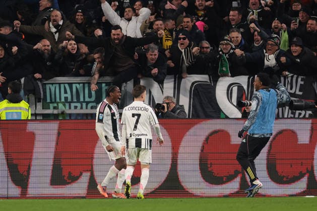 Turin, Italy, 25th January 2026. Jonathan David of Juventus celebrates with team mate Francisco Conceicao after scoring to give the side a 1-0 lead during the Juventus vs Napoli Serie A match at Allianz Stadium, Turin. Picture credit should read: Jonathan Moscrop Sportimage EDITORIAL USE ONLY. No use with unauthorised audio, video, data, fixture lists, club league logos or live services. Online in-match use limited to 120 images, no video emulation. No use in betting, games or single club league player publications. SPI_024_JM_JUVE_NAPOLI_ SPI-4417-0024