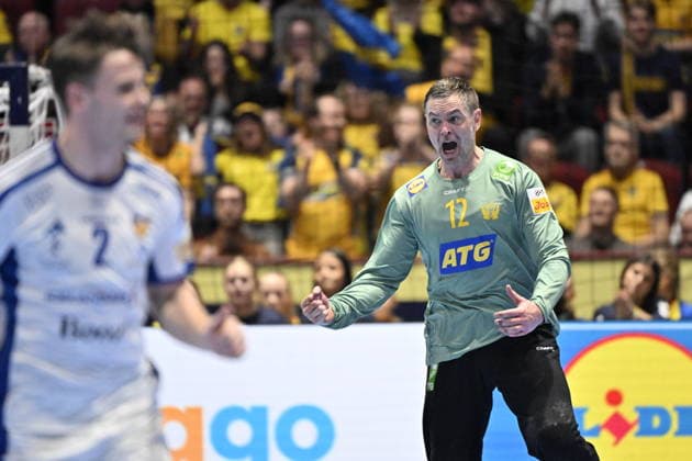 Sweden s goalkeeper Andreas Palicka celebrates during the intermediate round match of the handball European Championship, EM, Europameisterschaft between Iceland and Sweden at Malmö Arena, Malmö, Sweden, January 25, 2026. MALMÖ SWEDEN x50090x