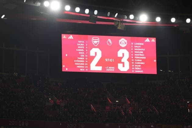 Premier League football, Arsenal v Manchester United, ManU Premier League football, The Emirates Stadium, London, UK. 25.01.2026 Arsenal v Manchester United. Pic shows The scoreboard on the final whistle Photographs by Marc Aspland for The Times & Sunday Times  Copyright: xMarcxAsplandxforxThexTimesx&xSunx NINTCHDBPICT001054130350