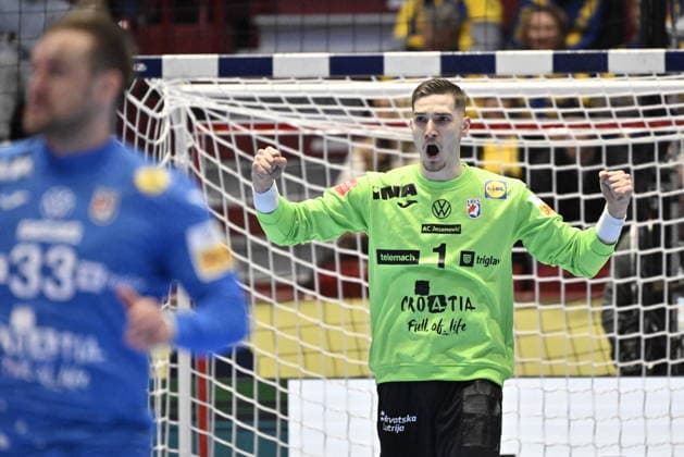 MALMÖ, SWEDEN 20260125 Croatia s goalkeeper Dominik Kuzmanovic in action during the 2026 EHF European Men s Handball Championship (the EHF Euro 2026) intermediate round match between Switzerland and Croatia at the Malmö Arena, in Malmö, Sweden, on January 25, 2026. MALMÖ SWEDEN x50090x