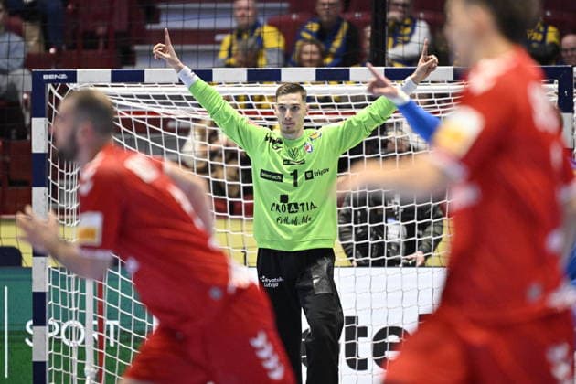 MALMÖ, SWEDEN 20260125 Croatia s goalkeeper Dominik Kuzmanovic in action during the 2026 EHF European Men s Handball Championship (the EHF Euro 2026) intermediate round match between Switzerland and Croatia at the Malmö Arena, in Malmö, Sweden, on January 25, 2026. MALMÖ SWEDEN x50090x