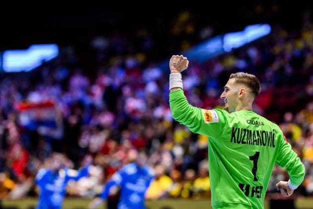 260125 Goalkeeper Dominik Kuzmanovic of Croatia celebrates during the EHF European Handball Championship main round match between Switzerland and Croatia on January 25, 2026 in Malmö. Photo: Petter Arvidson BILDBYRAN kod PA PA1139 handball handboll handball handbolls-em 2026 schweiz croatia ehf european handball championship switzerland kroatien bbeng grappa33 jubel Copyright: PETTERxARVIDSON BB260125PA229