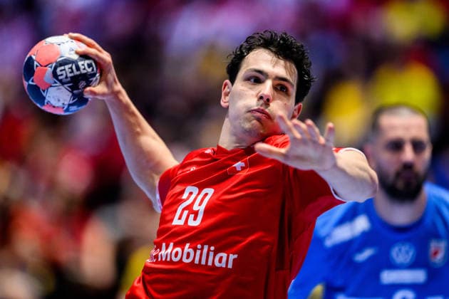 260125 Samuel Zehnder of Switzerland during the EHF European Handball Championship main round match between Switzerland and Croatia on January 25, 2026 in Malmö. Photo: Petter Arvidson BILDBYRAN kod PA PA1139 handball handboll handball handbolls-em 2026 schweiz croatia ehf european handball championship switzerland kroatien bbeng grappa33 Copyright: PETTERxARVIDSON BB260125PA234