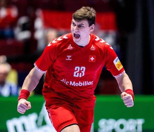 260125 Lukas Laube of Switzerland celebrates during the EHF European Handball Championship main round match between Switzerland and Croatia on January 25, 2026 in Malmö. Photo: Petter Arvidson BILDBYRAN kod PA PA1139 handball handboll handball handbolls-em 2026 schweiz croatia ehf european handball championship switzerland kroatien bbeng grappa33 jubel Copyright: PETTERxARVIDSON BB260125PA251