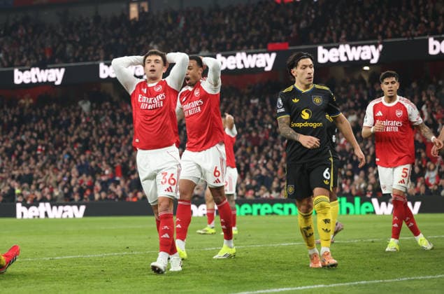 Dejection after a miss from Martin Zubimendi (A) with Gabriel Magalhaes (A) behind, at the Arsenal v Manchester United, ManU EPL match, at the Emirates Stadium, London, UK on 25th January, 2026. 
