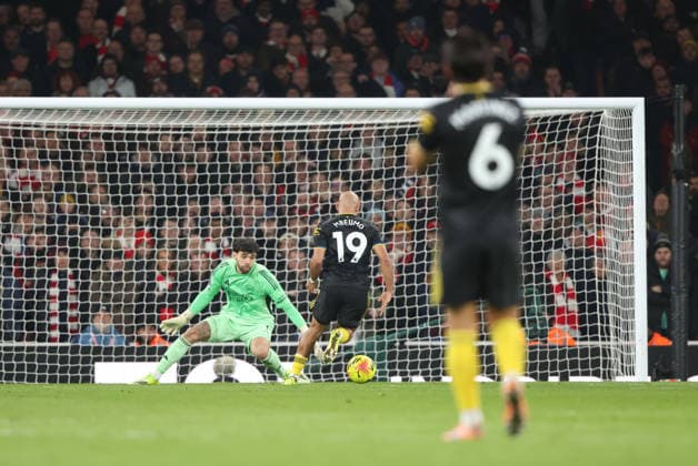 Bryan Mbeumo (MU) scores the first Man Utd goal (1-1) at the Arsenal v Manchester United, ManU EPL match, at the Emirates Stadium, London, UK on 25th January, 2026. 