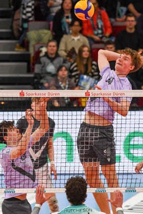 Joshua Huber (VCO Berlin, 14) schmettert den Ball,Aktion, Action, Spielszene, 25.01.2026, Düren (Deutschland), Volleyball, 1. Bundesliga Männer, SWD Powervolleys Düren - VCO Berlin