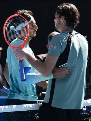 TENNIS AUSTRALIAN OPEN, Lorenzo Musetti of Italy (l) celebrates winning the Men™s 4th round match against Taylor Fritz of USA on day 9 of the 2026 Australian Open tennis tournament at Melbourne Park in Melbourne, Monday, January 26, 2026. ( NO ARCHIVING MELBOURNE VICTORIA AUSTRALIA  Copyright: xJOELxCARRETTx 20260126156356459407