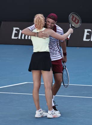 Katerina Siniakova, CZE, and Sem Verbeek, NED, during mixed doubles at 2026 Australian Open in Melbourne, 26 01 2026; -