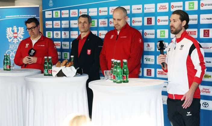 OLYMPICS - Winter Olympic Games, Olympische Spiele, Olympia, OS Milano Cortina 2026 VIENNA,AUSTRIA,26.JAN.26 - OLYMPICS - Winter Olympic Games Milano Cortina 2026, preview, OEOC press conference, PK, Pressekonferenz Olympic Team Austria. Image shows press officer Stephan Schwabl, president Horst Nussbaumer, general secretary Florian Gosch and chef de mission Ingemar Mayer (OEOC) .  GEPAxpictures xMatthiasxHauer