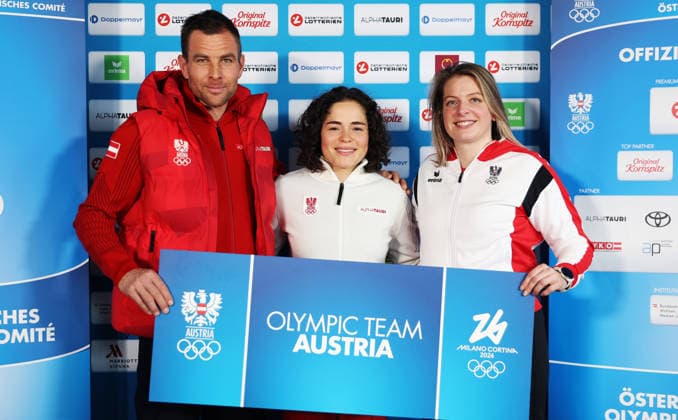 OLYMPICS - Winter Olympic Games, Olympische Spiele, Olympia, OS Milano Cortina 2026 VIENNA,AUSTRIA,26.JAN.26 - OLYMPICS - Winter Olympic Games Milano Cortina 2026, preview, OEOC press conference, PK, Pressekonferenz Olympic Team Austria. Image shows Benjamin Karl, Julia Scheib and Katrin Beierl (AUT).  GEPAxpictures xMatthiasxHauer