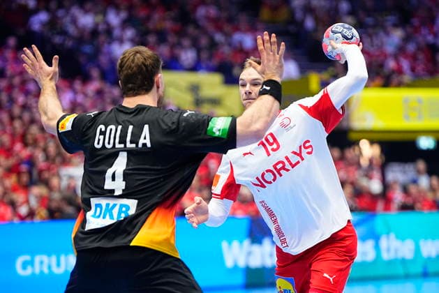 European Men s Handball Championship: Denmark - Germany Germanys Johannes Golla and Denmarks Mathias Gidsel during to the EHF Euro 2026 main round men s handball match between Denmark and Germany at Jyske Bank Boxen in Herning, Monday, January 26, 2026. (Photo: Bo Amstrup Scanpix 2026) , Herning Denmark Copyright: BoxAmstrupx spdk20260126-203224-L