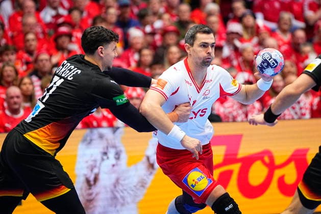 European Men s Handball Championship: Denmark - Germany Germanys Marko Grgic and Denmarks Rasmus Lauge during to the EHF Euro 2026 main round men s handball match between Denmark and Germany at Jyske Bank Boxen in Herning, Monday, January 26, 2026. (Photo: Bo Amstrup Scanpix 2026) , Herning Denmark Copyright: BoxAmstrupx spdk20260126-203241-L