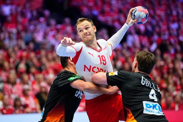 European Men s Handball Championship: Denmark - Germany Denmarks Mathias Gidsel shoots next to Germanys Johanns Golla during to the EHF Euro 2026 main round men s handball match between Denmark and Germany at Jyske Bank Boxen in Herning, Monday, January 26, 2026. (Photo: Bo Amstrup Scanpix 2026) , Herning Denmark Copyright: BoxAmstrupx spdk20260126-204113-L